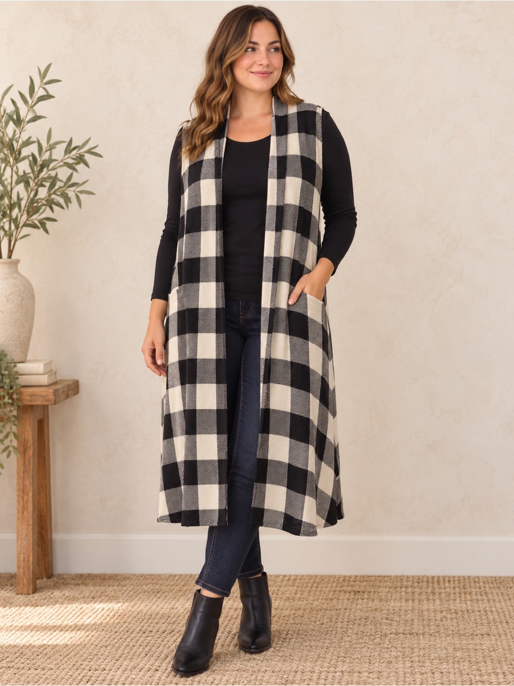 Carole Christian Large Buffalo Plaid Long Duster Vest Black White Open Front